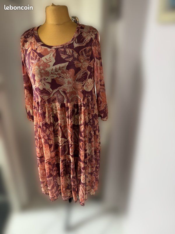 Robe Beige En Coton Jacqueline Riu - Taille 44 (L), Style évasé Longue, Sans Manches, Occasion Très Bon état