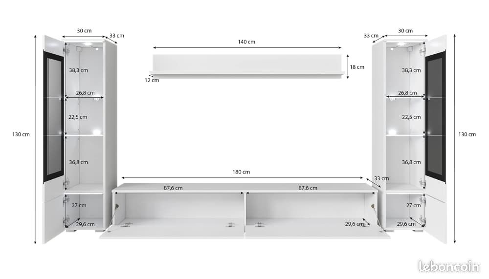 Ensemble Meubles TV Blanc Béton - Design Moderne - Éclairage LED - Rangements - Placards - Étagères - Séjour Salon (image 3)