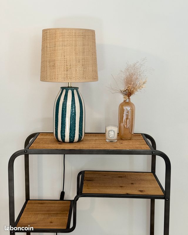 Etagère industriel asymétrique bois métal roulette (image 2)