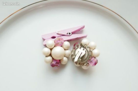 Paire De Pinces à Cheveux Vintage - Doré, Perles Nacrées - Bijou Ancien Femme - Bon état