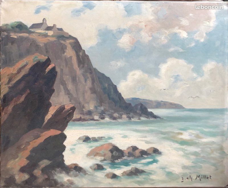 Tableau Ancien Huile Jean Charles Millet Paysage Marine XXe Impressionnisme (image 1)