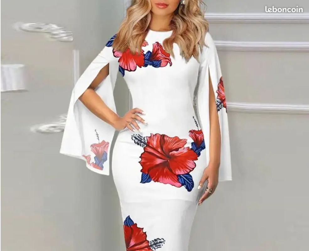 Robe blanche à fleur rouge imprimée à manches taille haute pour