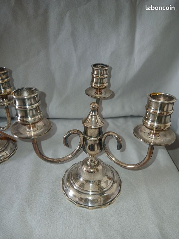 Lot De 2 Bougeoirs Coniques Métal Argenté Et Bambou, Pieds Trépied, Hauteur 33 Cm