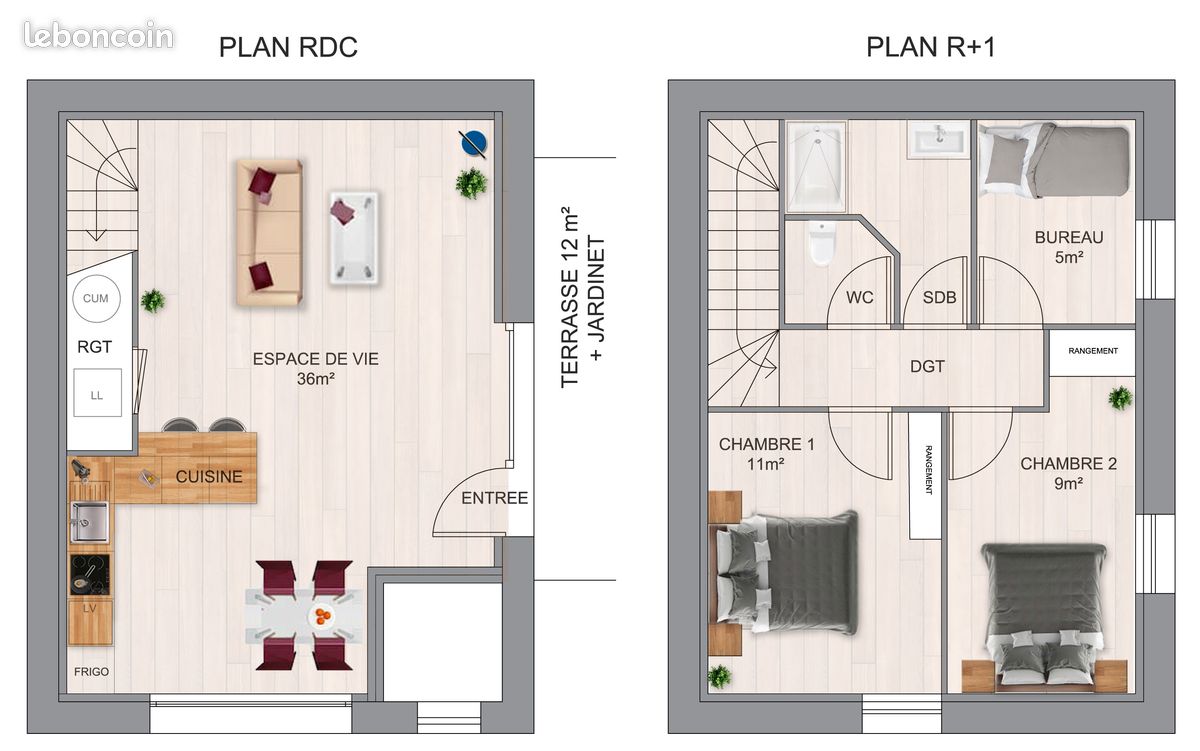 Duplex T3 - 790 - 62m² - Parking Prive - Jardin Terrasse - Locations