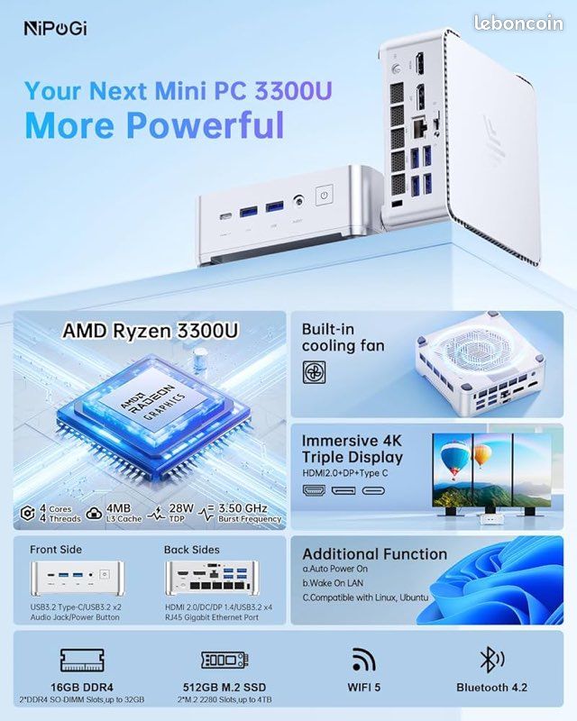 Mini PC NiPoGi Pinova P2 Négociable ou échange – AMD Ryzen 3300U / 16 Go RAM / 512 Go SSDa (image 2)