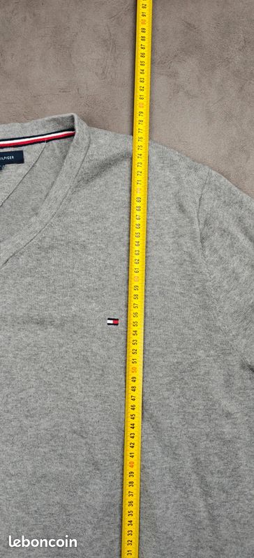 Sweat Tommy Hilfiger [XXL] 100% coton col V logo brodé homme pull gris #TH364 (image 12)