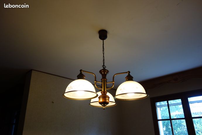 Suspension Double Menzel Billard – Laiton Doré Et Opaline – E27 – Très Bon état