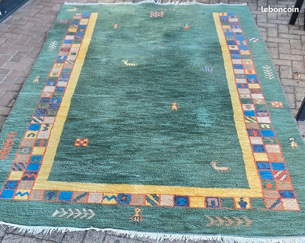 Grand Tapis Gabbeh Vert Noué Main - Origine Inde