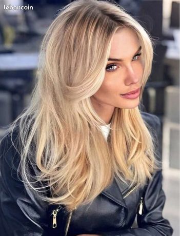 Perruque Synthétique Longue - Blond Platine Racines Foncées - Avec Frange Lisse - Taille M - Neuf