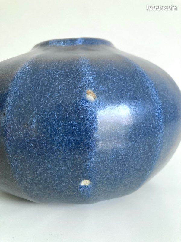 Vase Céramique Bleu Incisé Moderne Milieu De Siècle MCM 1970 Pot à Mauvaises Herbes
