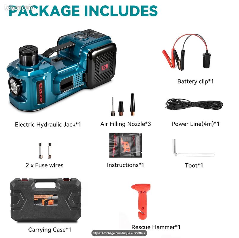 Cric hydraulique électrique 5 tonnes avec pompe gonflable et lumière LED, 12V, plage de levage 14,5-53 cm - Neuf – Livraison en 6 jours ⭐ ⭐ ⭐ (image 3)
