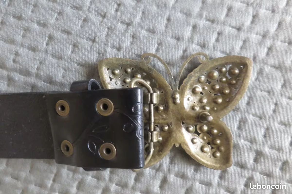 Ceinture Femme En Cuir Vintage - Boucle Papillon Avec Strass, Couleur Noire, Taille Unique Large