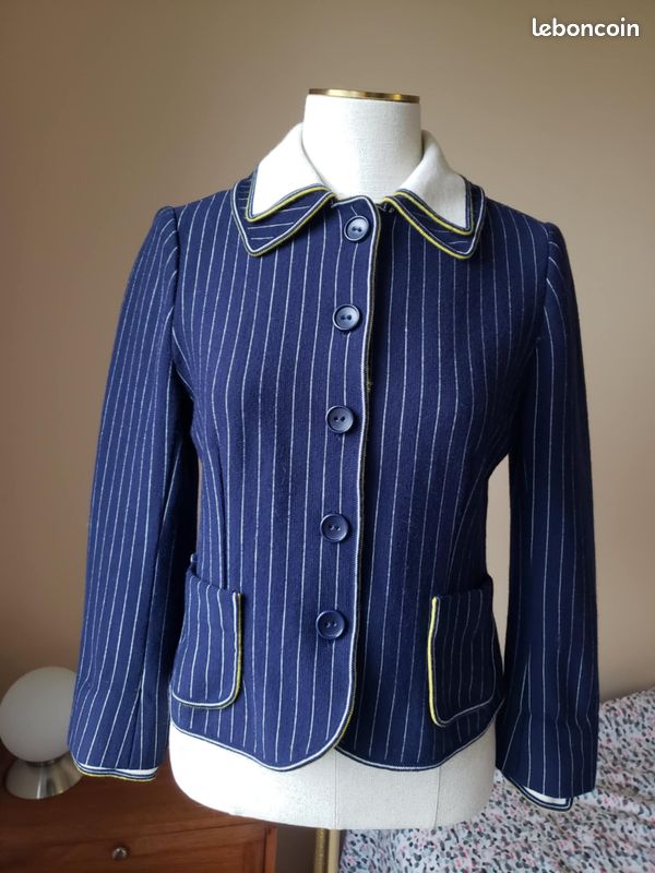 Veste Blazer Vintage Femme The Villager - Laine 80%, Bleu Foncé/ Noir, Taille 8