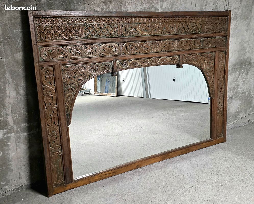Miroir Mural Design Octogonal Incrusté D'os - 40x30 Pouces (environ 101x76 Cm) - Bois Fait Main En Inde - Style Ethnique