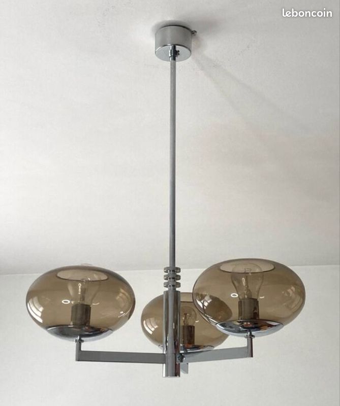 Lustre 3 feux du designer italien Gaetano Sciolari chromé et verre fumé - Années 70 - Vintage (image 3)