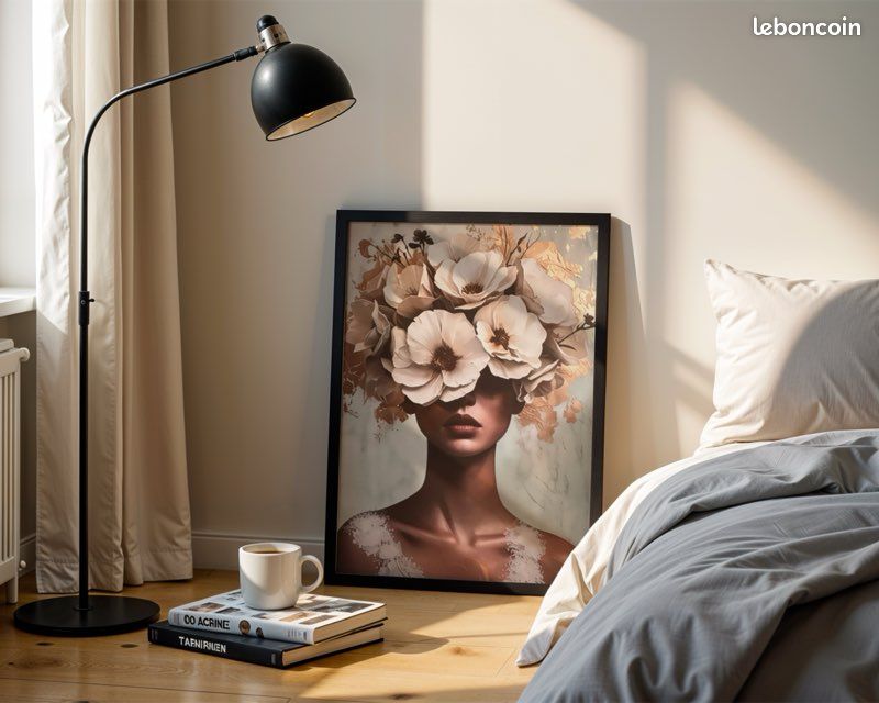 Toile affiche femme fleurs blanches portrait beige dore surrealiste pop art deco (image 5)
