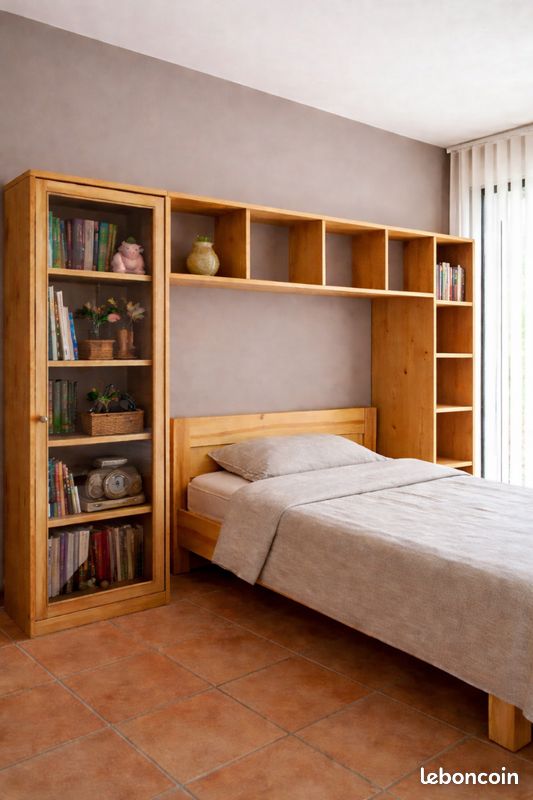 Lot de 2 ponts têtes de lit avec rangement et vitrine en bois (image 1)