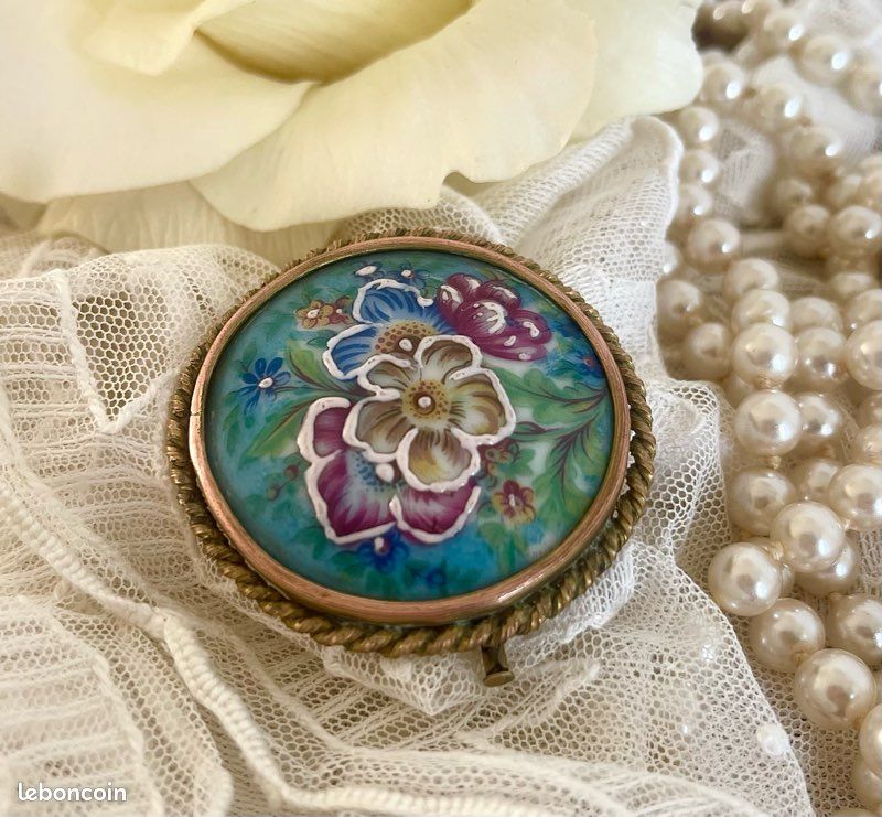 Broche Ancienne En émail De Limoges Années 1950 - Bijou Vintage Signé Nanot - Occasion