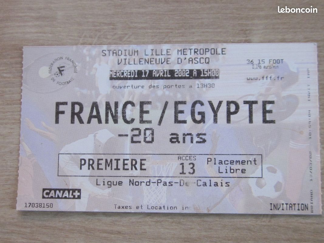 Billet Match France/Egypte - 20 ans 2002 (image 1)