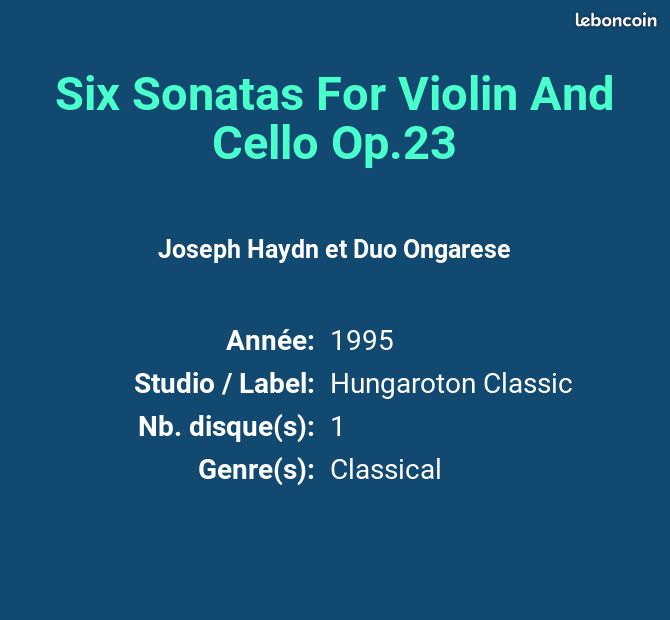 Six Sonatas For Violin And Cello Op.23 - Joseph Haydn et Duo Ongarese (image 2)
