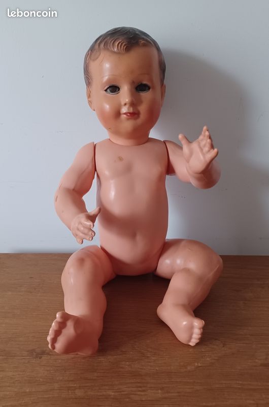 Ancien Baigneur Petitcollin Celluloïd Yeux Dormeurs Marron Avec Vêtements - Vintage