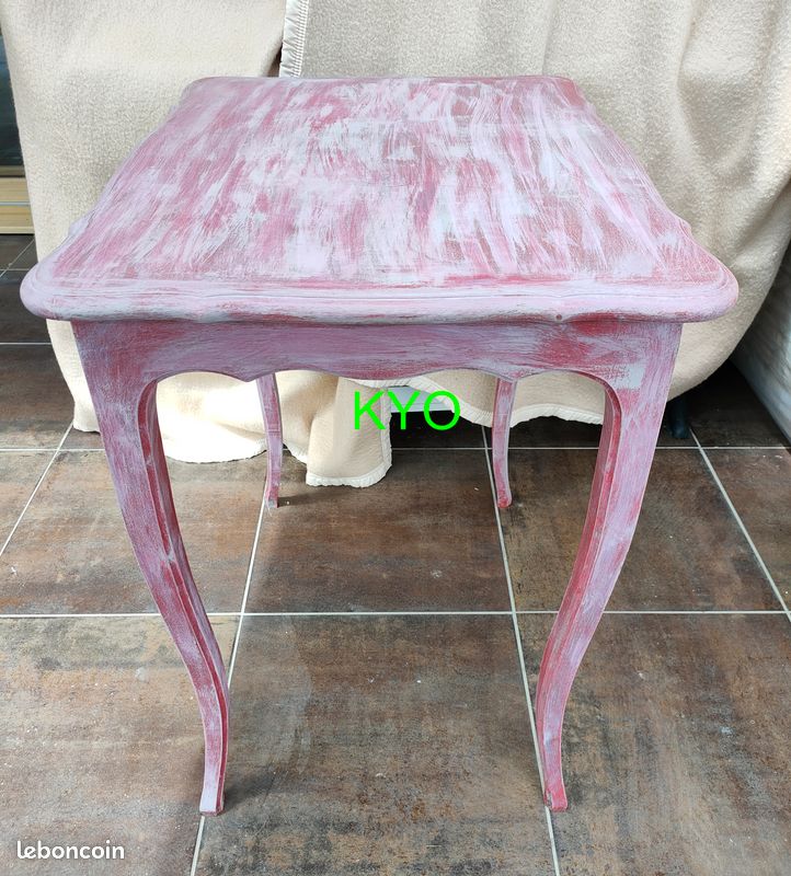 Table décorative rectangulaire bois rose, bureau tiroir central, Plateau chantourné et pieds galbés, vintage rustique ancien - Très bon état (image 4)