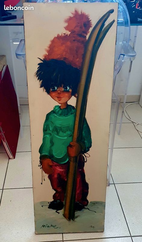 Michel THOMAS Poulbot au ski 1964 HUILE sur TOILE gamin gavroche de PARIS (image 1)