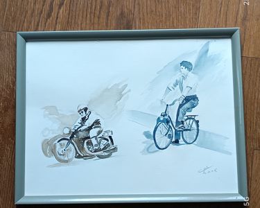 Aquarelle fine représentant moto et solex signée Cécile Décoration
