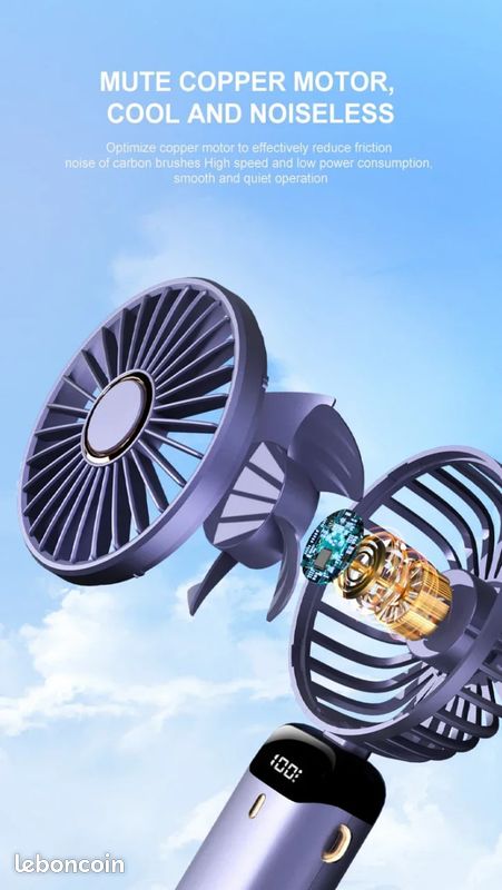1 Mini ventilateur portatif pliable, ventilateur rechargeable USB à 5 vitesses 1800mAh, Bleu (image 11)