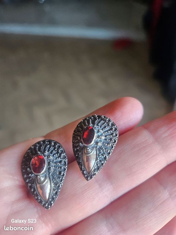 Boucles D'oreilles Anciennes En Argent Sterling Avec Grenats - Pendantes à Dormeuses - Occasion