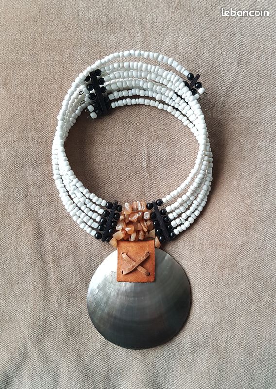 Collier Plastron Ethnique En Os Naturel - Bijou Vintage Beige Et Brun, Longueur 47 Cm