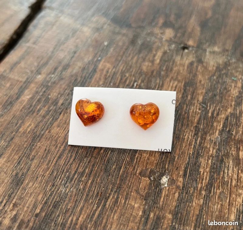 Boucles D'oreilles Coeurs En Ambre Véritable Et Argent 925 - Occasion