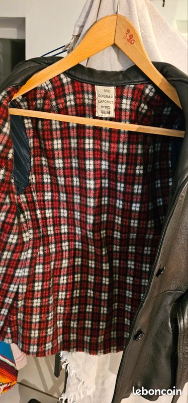 Manteau En Cuir Noir Vintage MIC Cognac - Taille L, Années 50, Doublure Tartan - État Très Bien Conservé