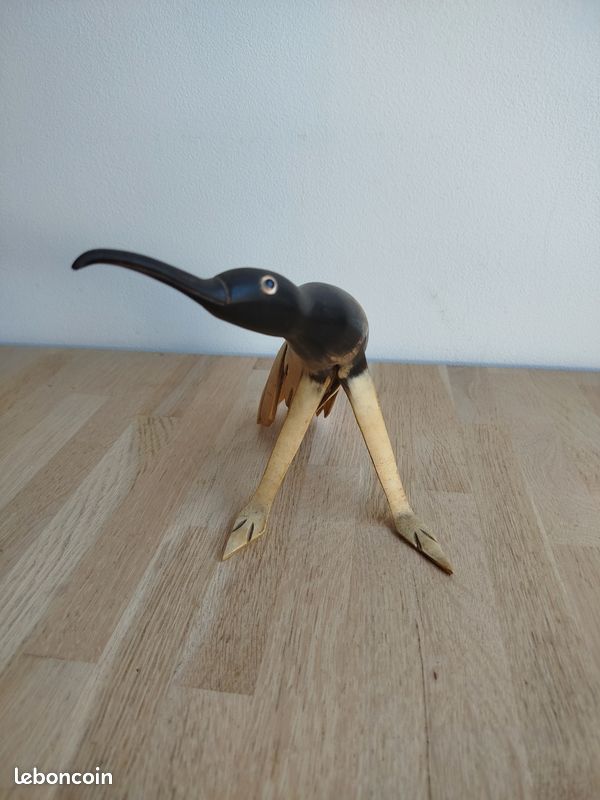 Broche Vintage Oiseau Sculptée En Corne Bovine - Occasion En Bon état - Bijou Ancien