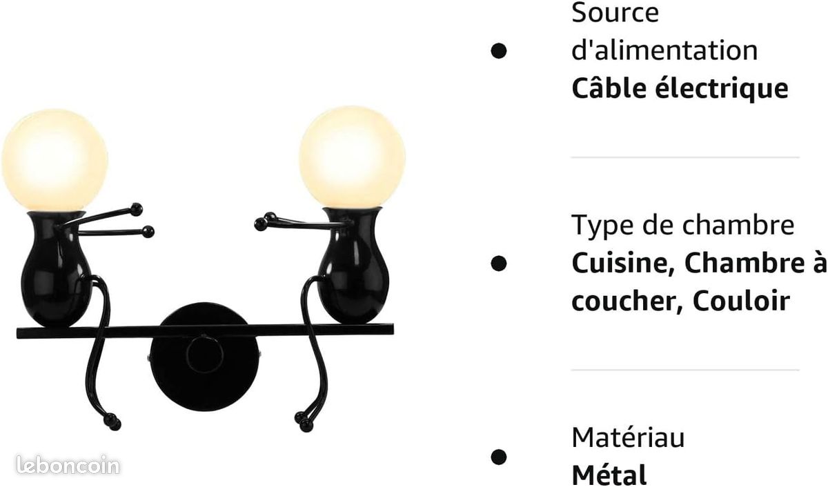 KAWELL Humanoïde Créatif Lampe Murale LED Moderne Applique Murale Simple LED Lampe de Mur Art Déco Max 60W E27 Base Fer (image 2)