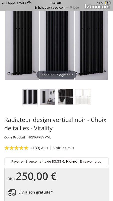 Chauffage/ Radiateur verticale design noir neuf HudsonReed (image 3)