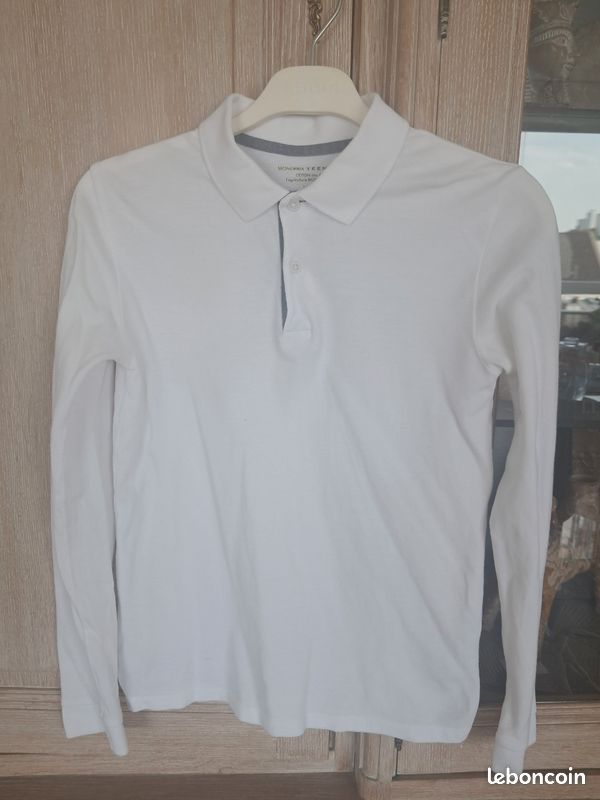 Polo blanc t-shirt manche longue garçon 14 ans Monoprix coton bio NEUF (image 1)