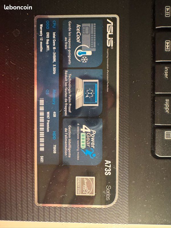 Ordinateur portable marque ASUS, Modèle : A73B, disque dur DDR 1T