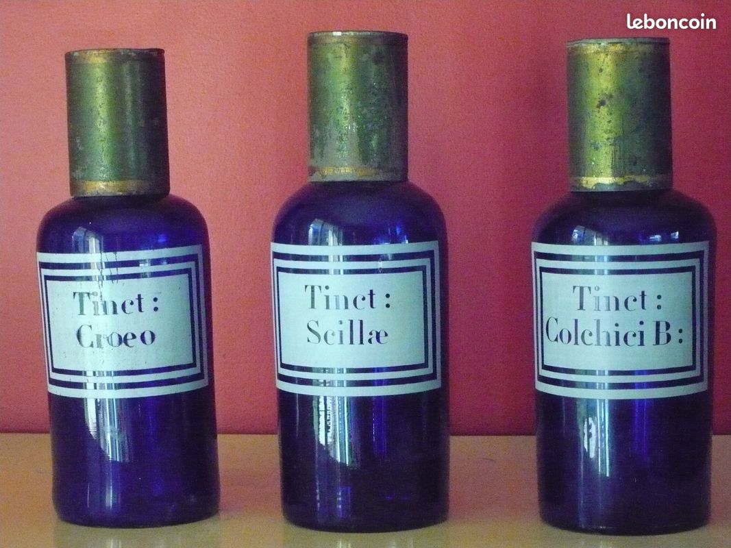 POTS DE PHARMACIE ANCIENS, en verre, ensemble de 3 pots, fin XIX ème (image 1)
