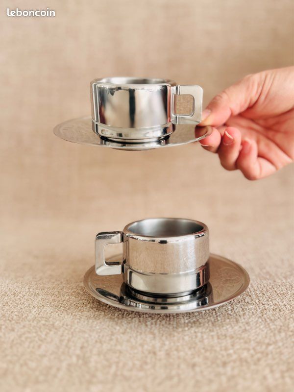 Lot de 2 tasses et sous tasses à café STO Casalinghi en inox vintage Space Age années 70 (image 1)
