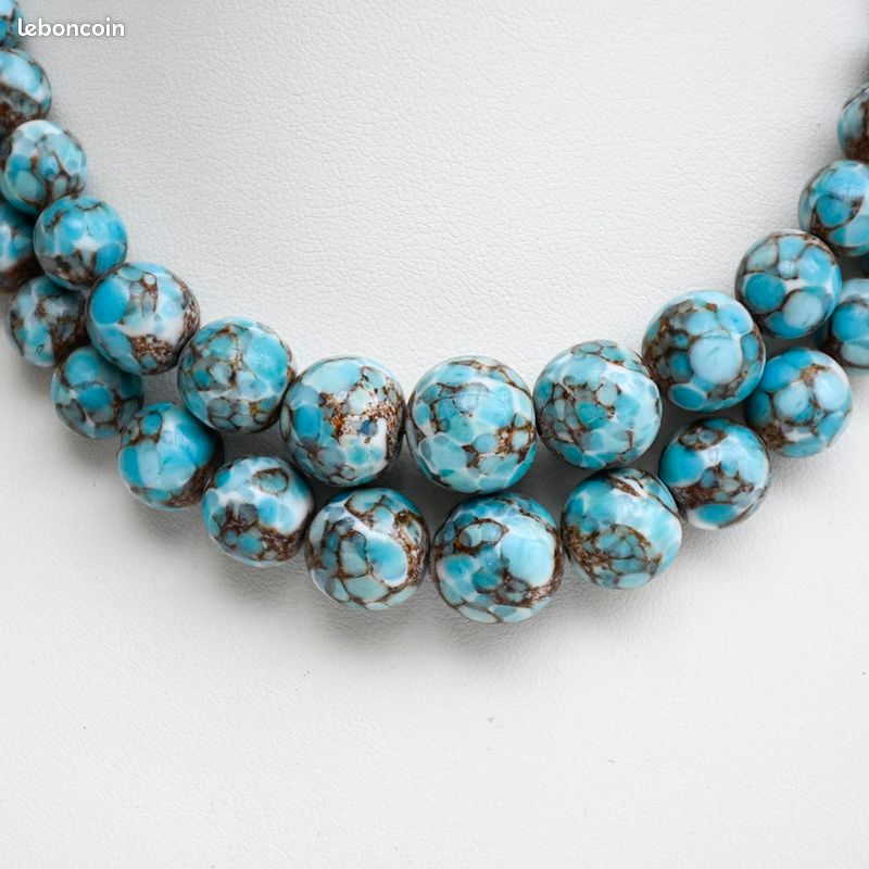 Collier Ancien De Perles Marbrées Bleues Et Vertes - Longueur Variable, Vintage