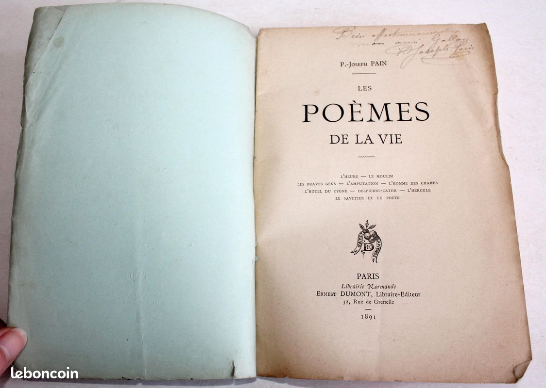 Edition originale dedicace envoi d'auteur joseph pain les poemes de la vie 1891 dumont libraire (image 2)