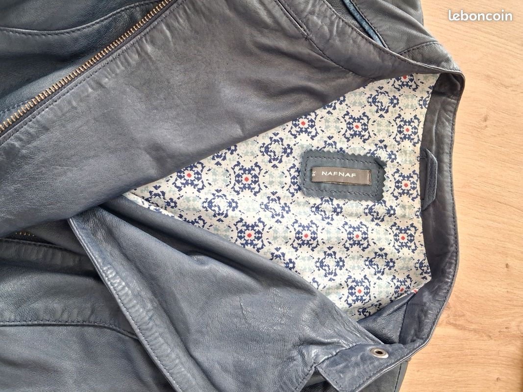Veste Blouson En Cuir Souple D'agneau NAF-NAF - Taille 36, Bleu Marine - Occasion Très Bon état