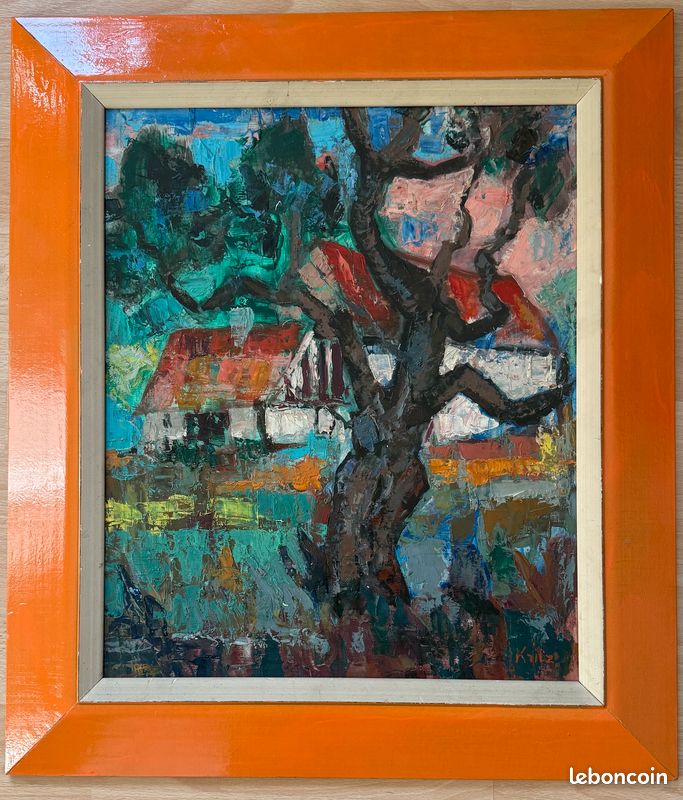 PEINTURE SUR SOIE signée L. Michel lever du jour bord de l'eau maison toit rouge EUR 50,00 - FR