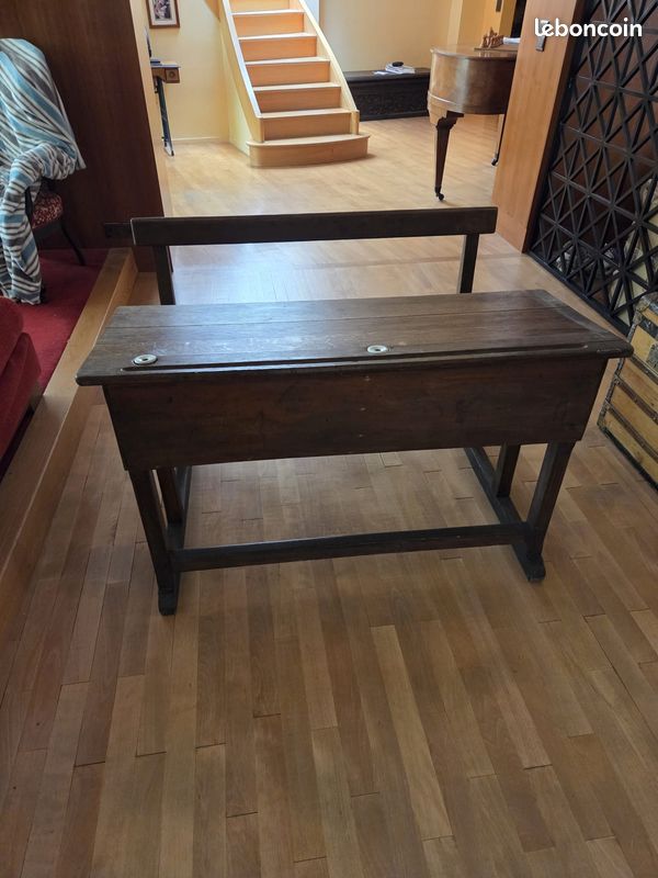 Ancien pupitre d’école en bois 2 places – Banc d’écolier vintage – Années 1950/60 (image 2)