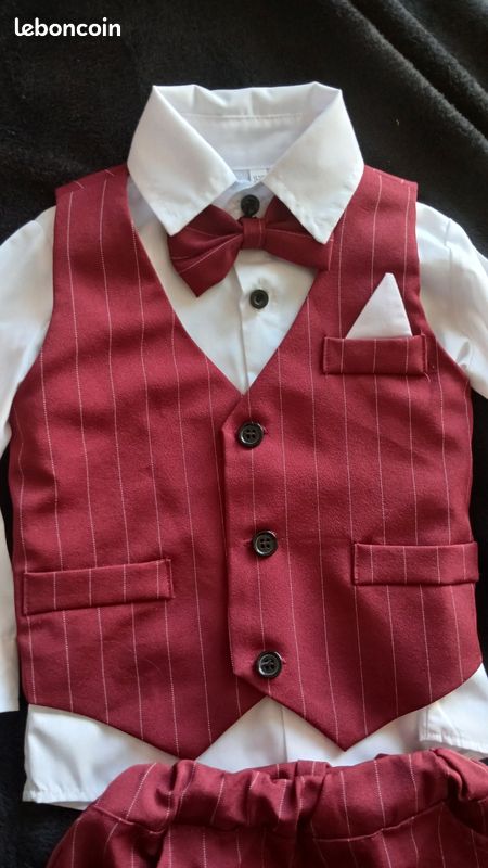Costume cérémonie bébé 18-24 mois, bordeau a rayures, 4 pieces avec gilet, chemise, pantalon, nœud papillon (image 4)