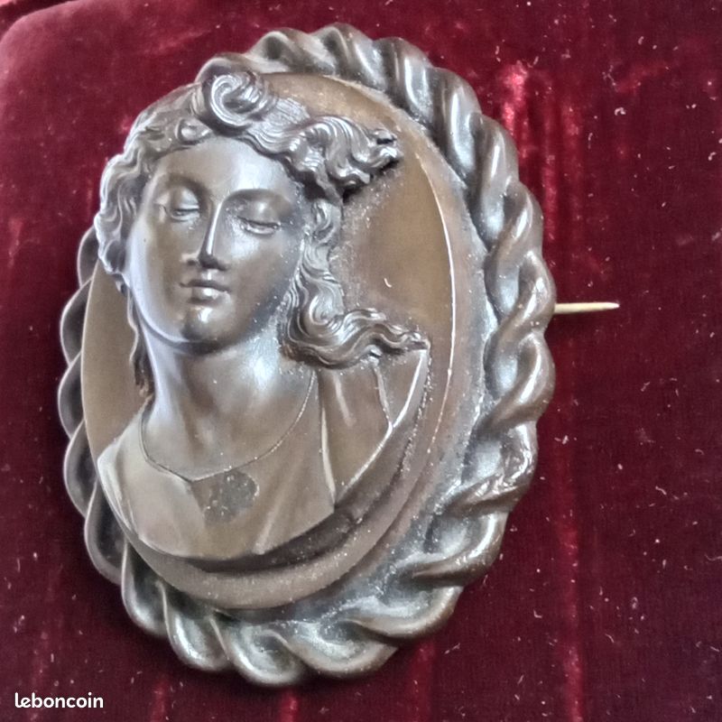 Broche Ancienne Grand Camée De Deuil - Noir - Occasion - Bijou Vintage