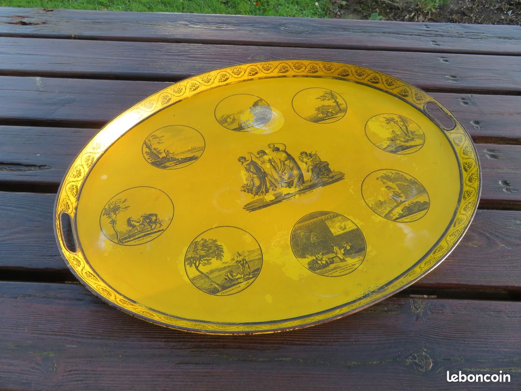 VINTAGE - Authentique ancien grand plateau en tôle laqué jaune (Époque 19ème siècle) (image 1)