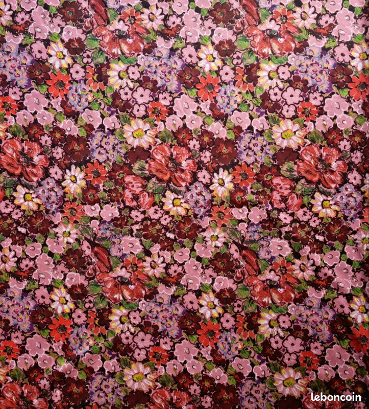Coupon De Tissu Jersey Coton Fleuri - Dimensions 92 X 112 Cm - Neuf, Made In France
