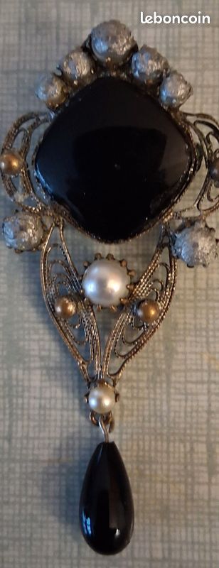 Broche Vintage Perles Noires Et Dorées - Bijou Ancien Occasion